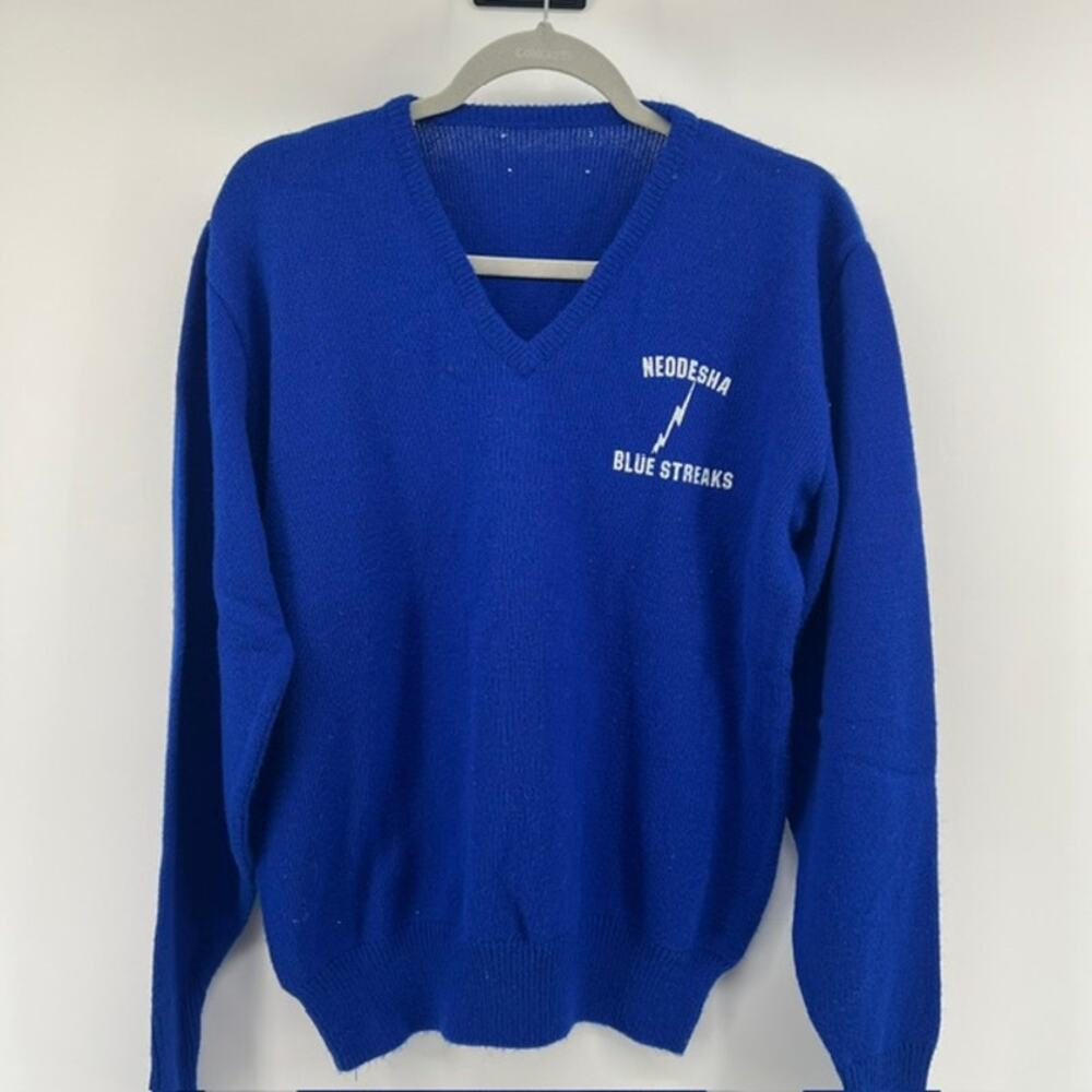 VTG 70s Kansas Neodesha Blue Streaks V Neck Sweater Adult M/L High School Logo